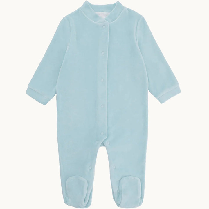 Luxury velour dusty blue baby sleepsuit with gold angel wings
