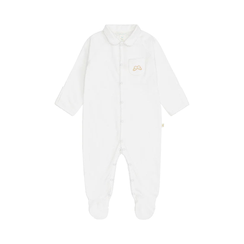 white prina cotton baby sleepsuit with turn over cuffs