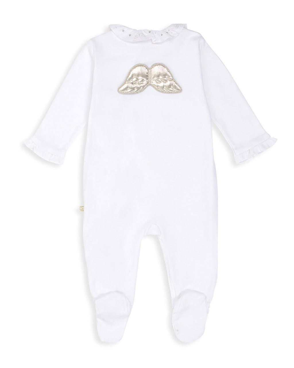 white prima cotton sleepsuit with ruffle embroidered collar and silver angel wings