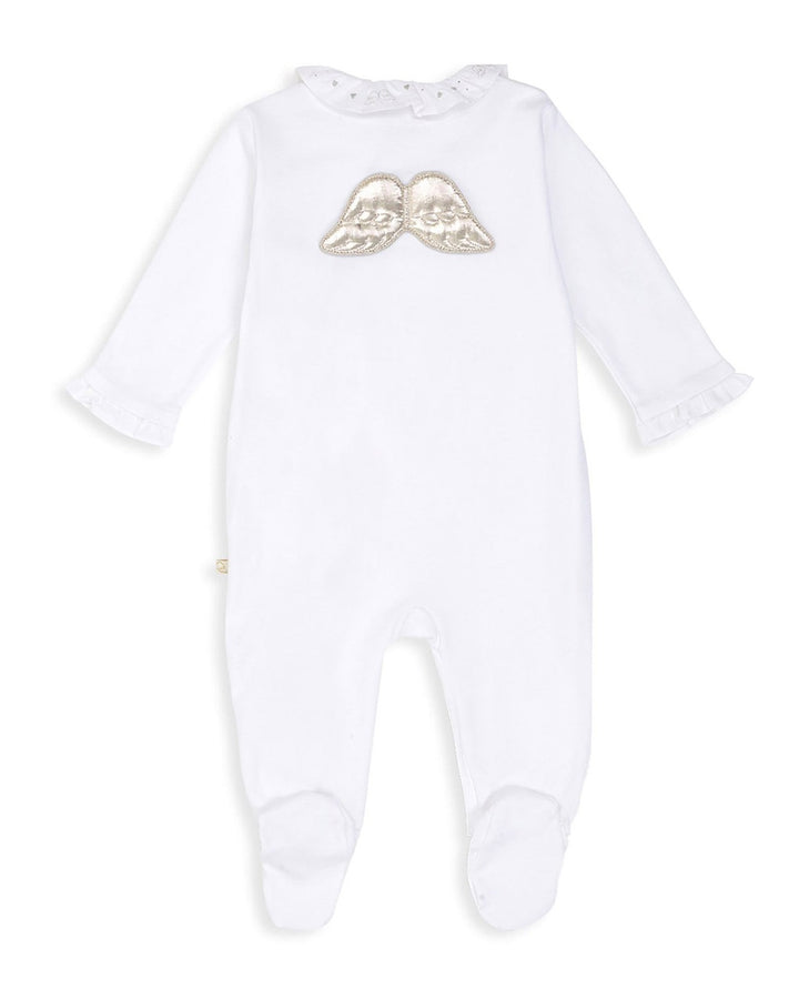 white prima cotton sleepsuit with ruffle embroidered collar and silver angel wings
