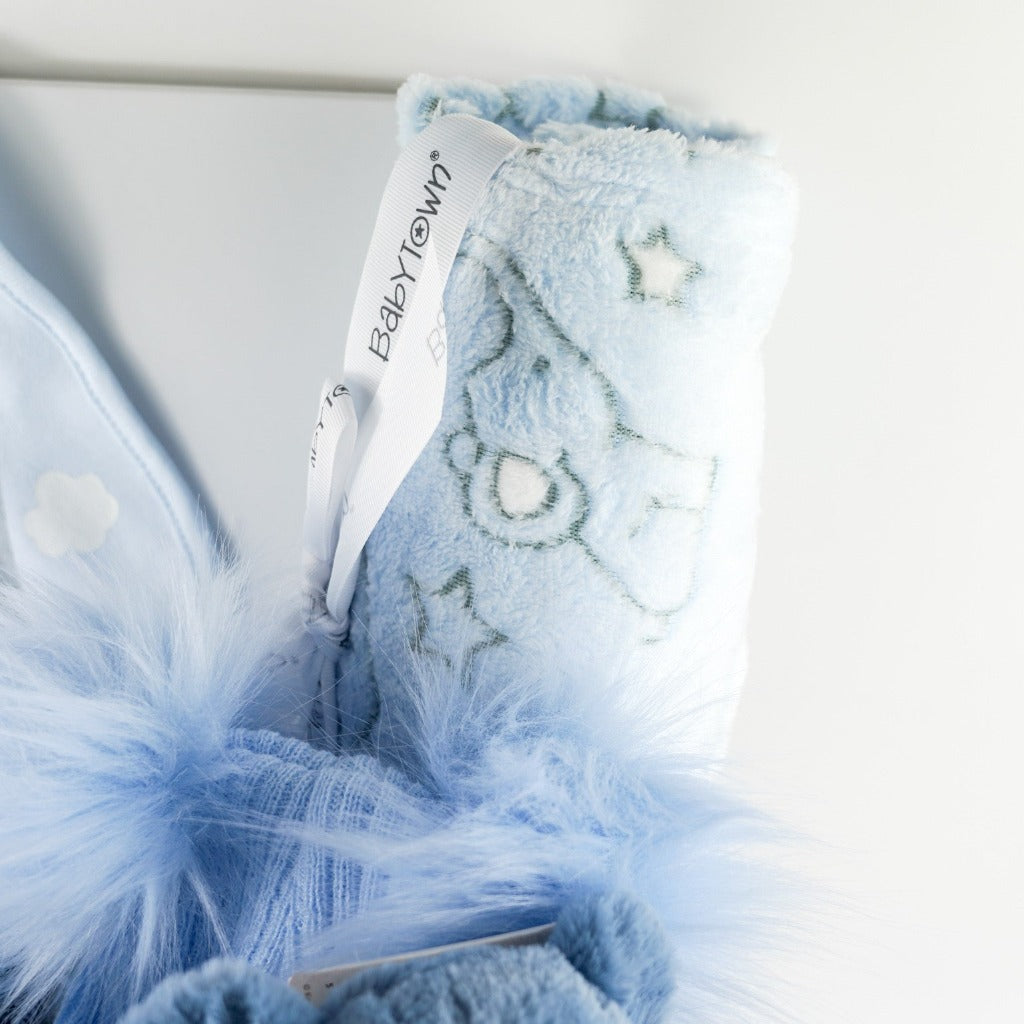 baby boy blue clothing set with grey elephants, blue eco friendly soft elephant, blue knit double fluffy pom pom baby hat, baby nursery sign with an elephant, white knot booties , blue baby blanket with grey elephants