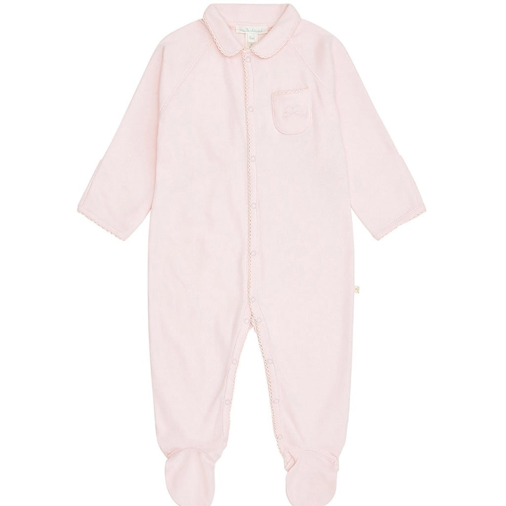Pink baby sleepsuit with angel wing embroidery on the pocket, picot edging