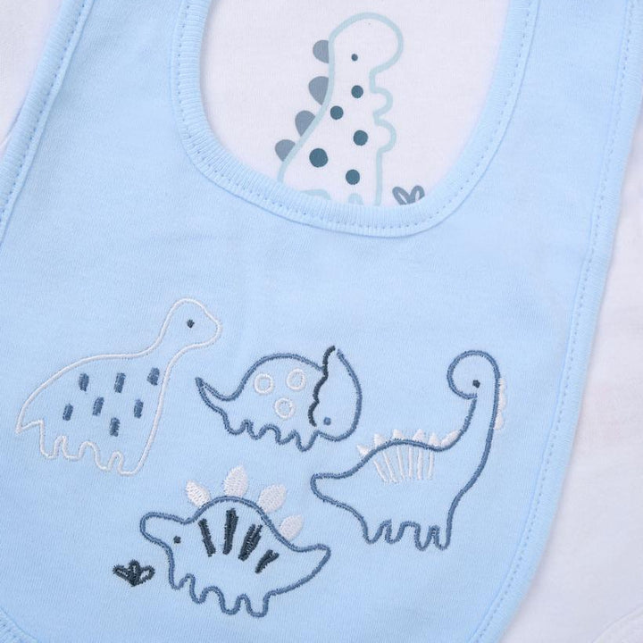 baby boy clothing layette in blue with dinosaurs