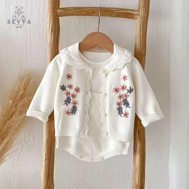 baby girl knit set in white and a sand set includes cardigan and romper