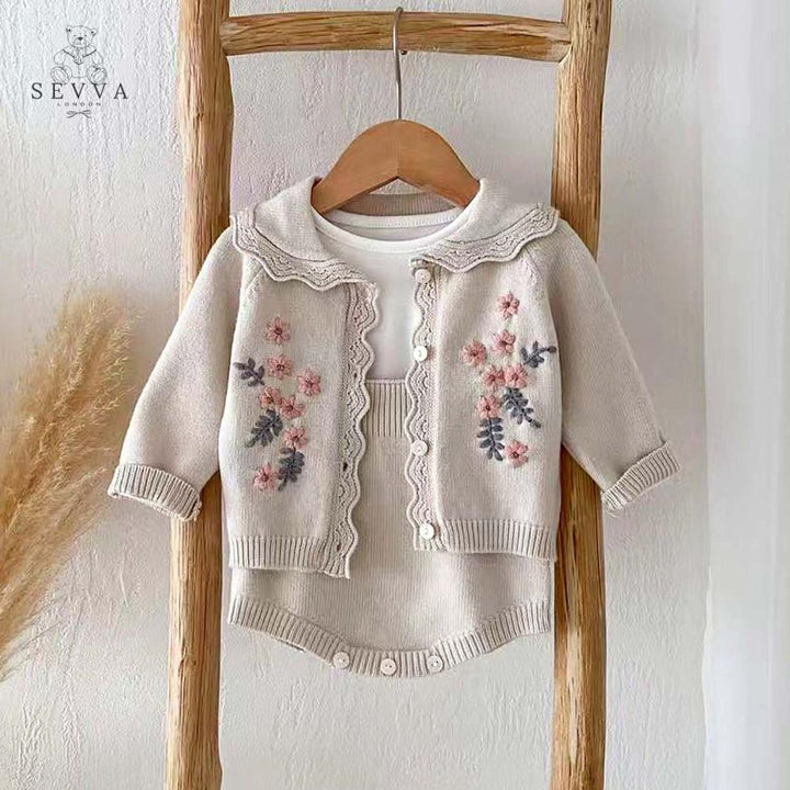 baby girl knit set in white and a sand set includes cardigan and romper