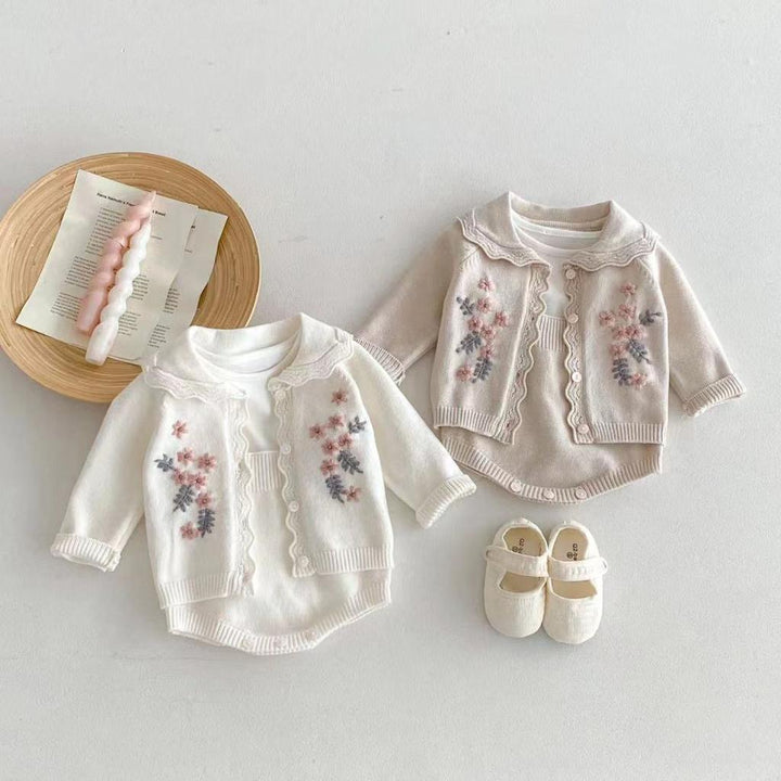 baby girl knit set in white and a sand set includes cardigan and romper