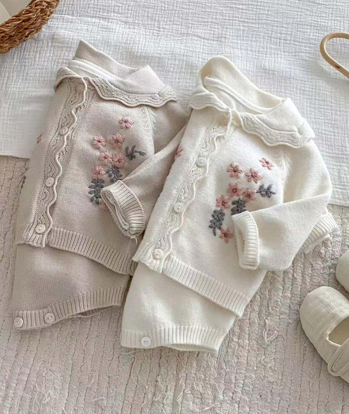 baby girl knit set in white and a sand set includes cardigan and romper