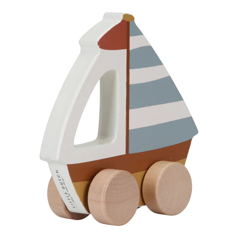 Wooden push along sailboat  in blue and white stripes
