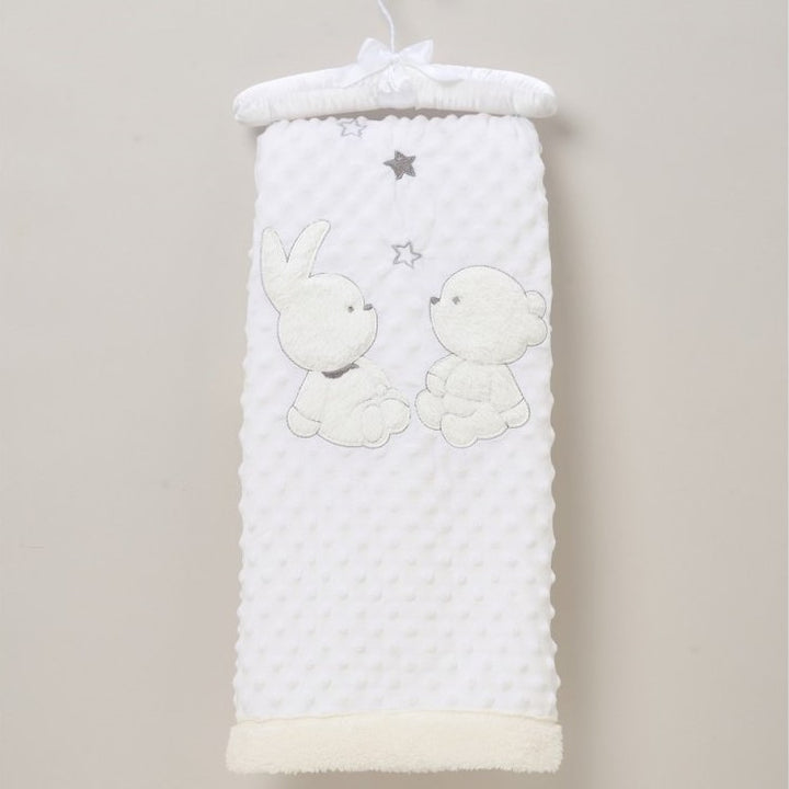 white baby blanket in dimples soft fabric with sherpa backing and applique teddy and bunny and stars