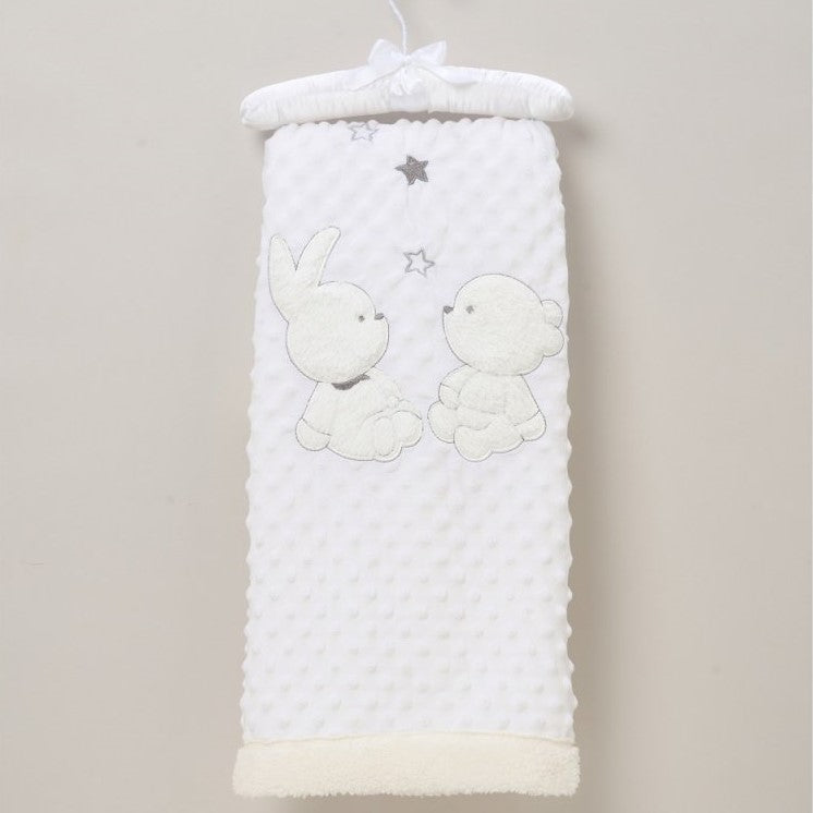 White soft dimpled baby blanket with sherpa backing and applique bunny and teddy