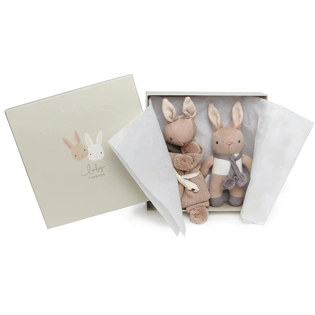 Taupe Bunny Organic Knit Toy and matching comforter
