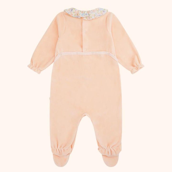 Olympia Velour Sleepsuit in pink features a floral ruffle collar.  Designed with comfort and quality the Olympia sleepsuit is a newborn must-have.
-Model wears 6M 
-Fits true to size with slight stretch 
-Ruffle collar & frill cuff design
-Snap fastenings at the back and along the inseam
-Footed design