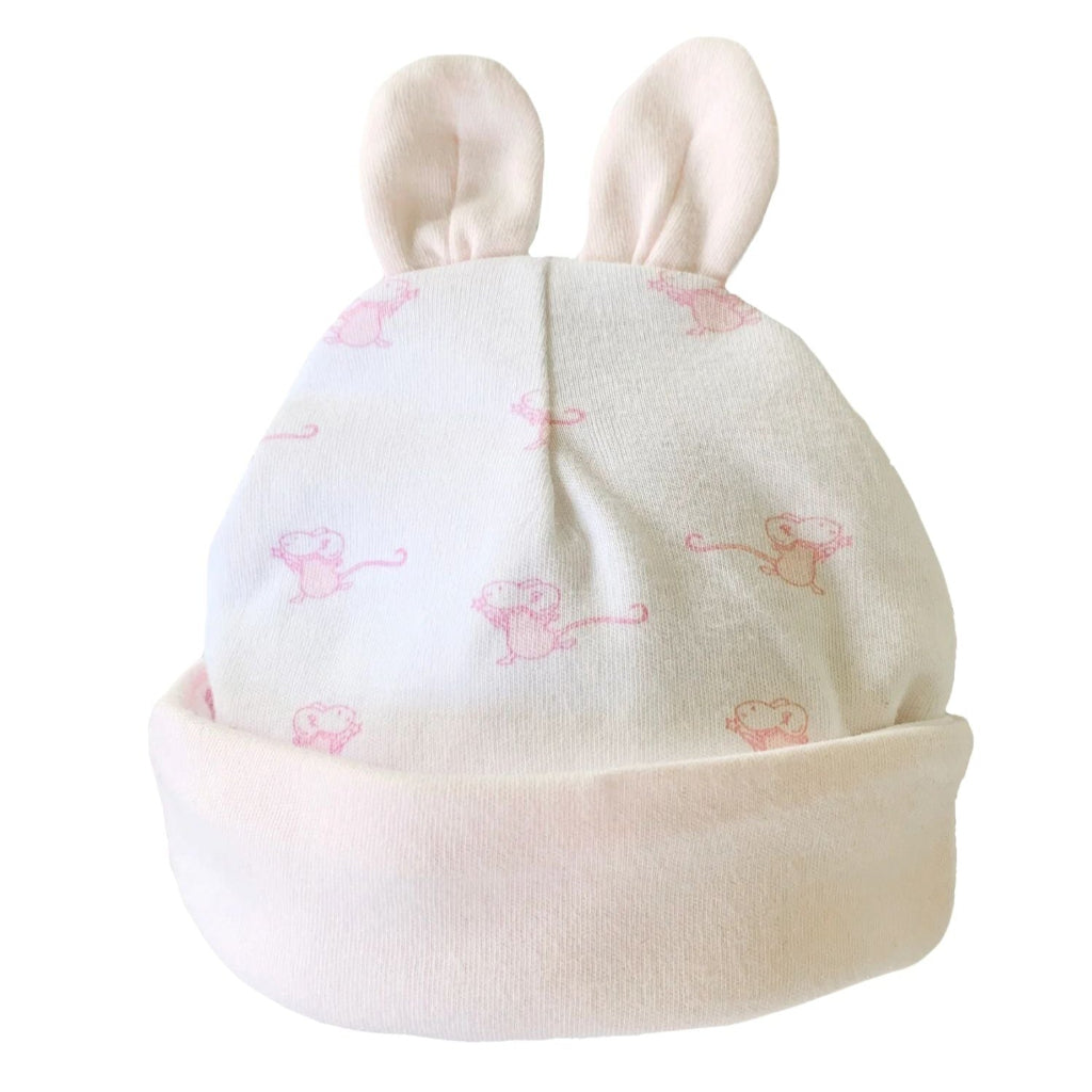 white baby cotton hat with pink ears and mouse design fabric and pink turn bak