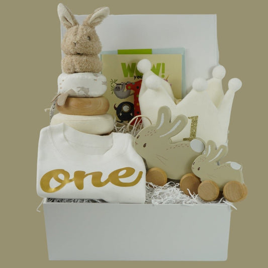 First Birthday Hampers, Little Dutch Bunny Stacker And Pull Along Bunnies, First Birthday T-Shirt