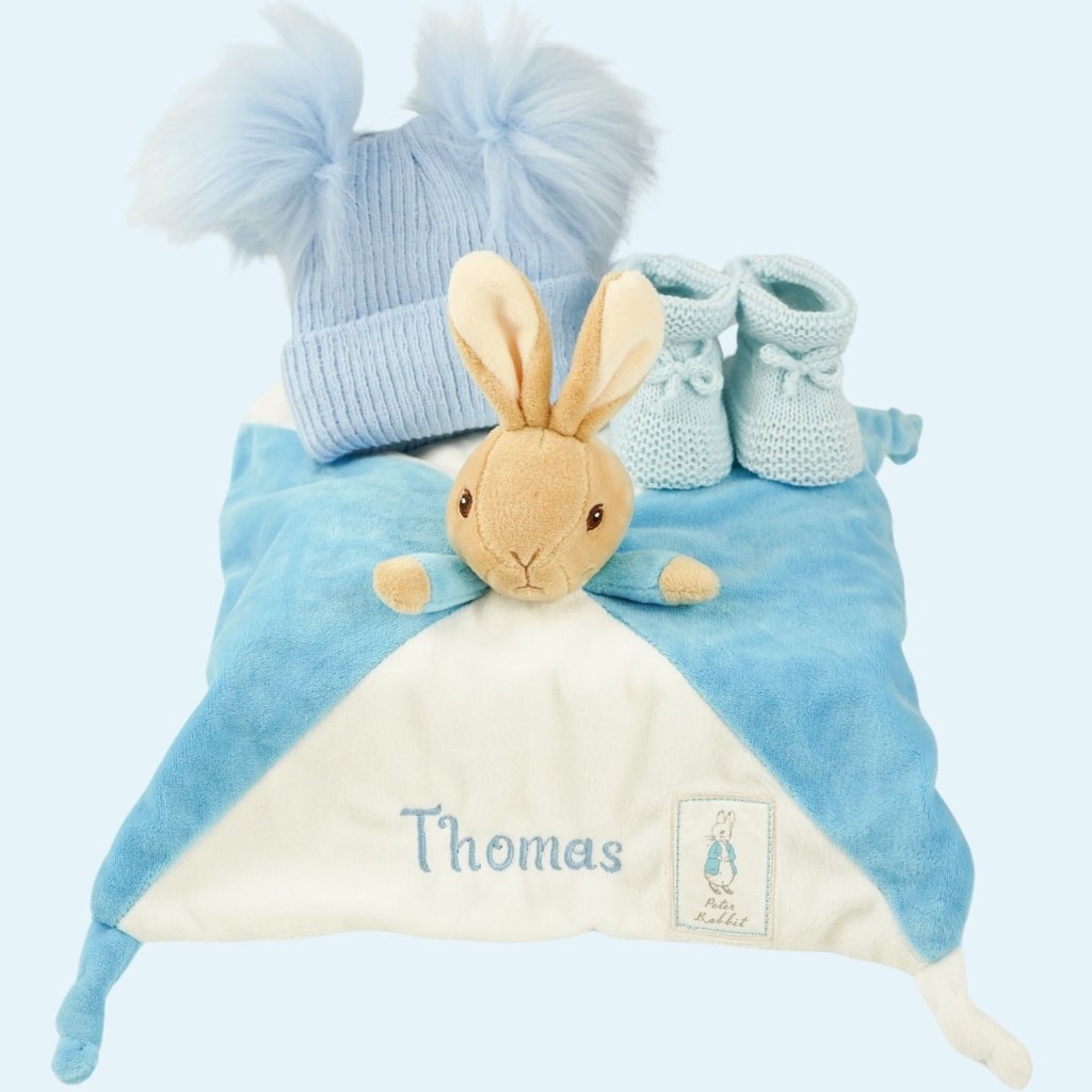 Baby Boy Gift Box, Personalisable Beatrix Potter Peter Rabbit Comforter Baby Fluffy Pompom Hat