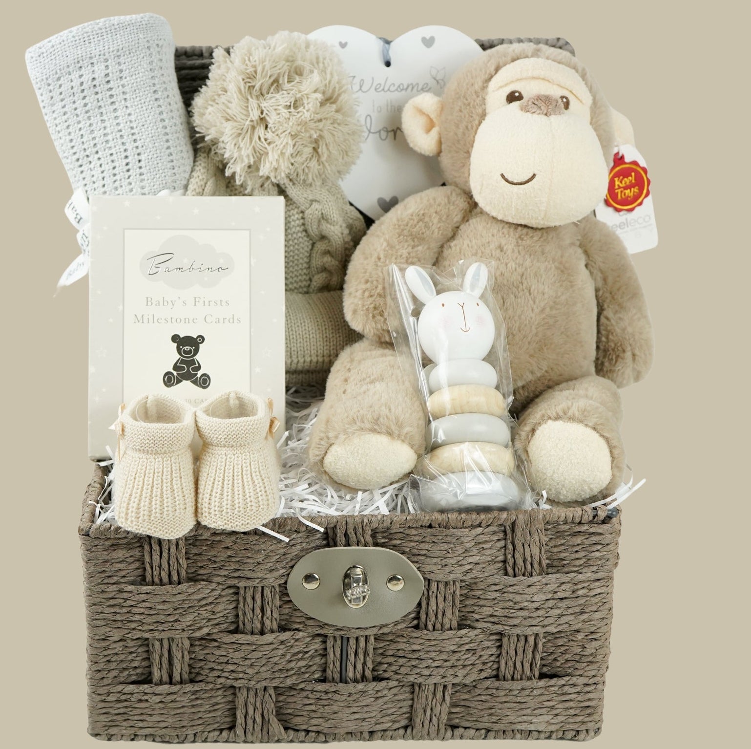 Neutral Baby Gift Hamper With Marcel Monkey Soft Toy, Baby Blanket