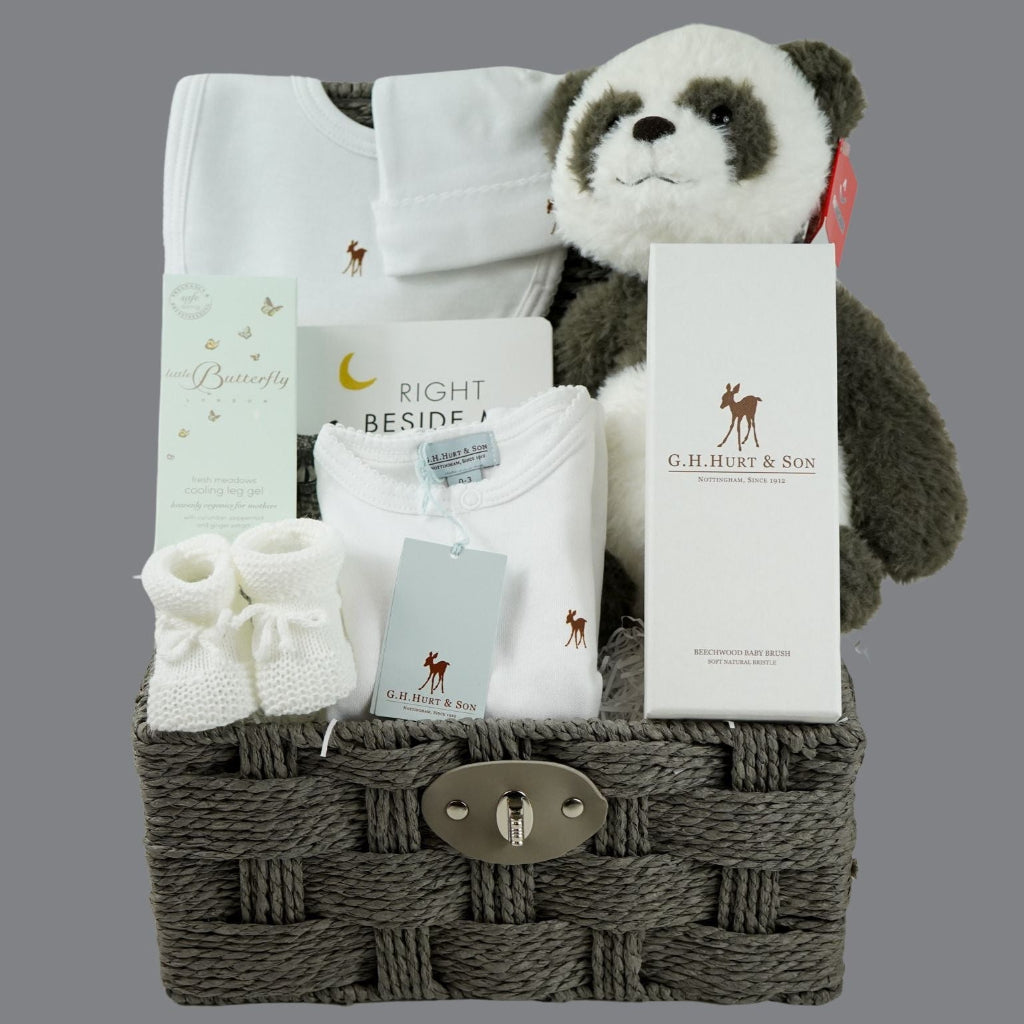 mum and baby gift hamper, baby luxury layette set, black and white baby book, black and white panda, Little butterfly london mummy toiletries, knit booties