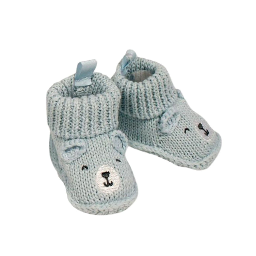 blue baby knit booties with teddy face
