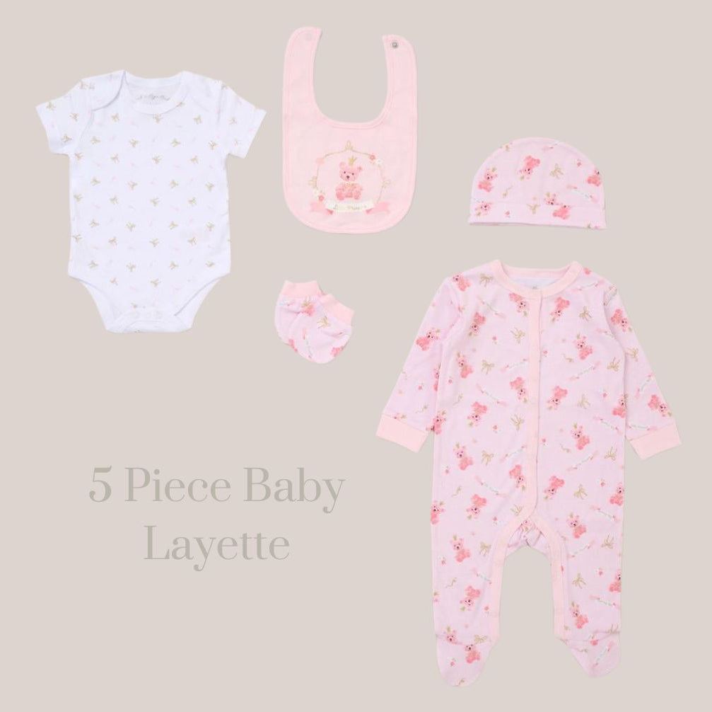 pink baby layette with teddies