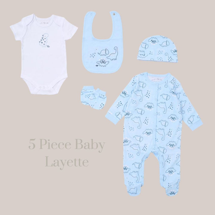 baby boy clothing layette in blue with dinosaurs