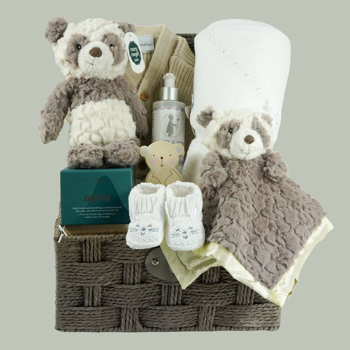 Neutral Baby And Mum Hamper With Panda Soft Toy And Comforter. Luxury Birth Candle, Baby Shower Gift