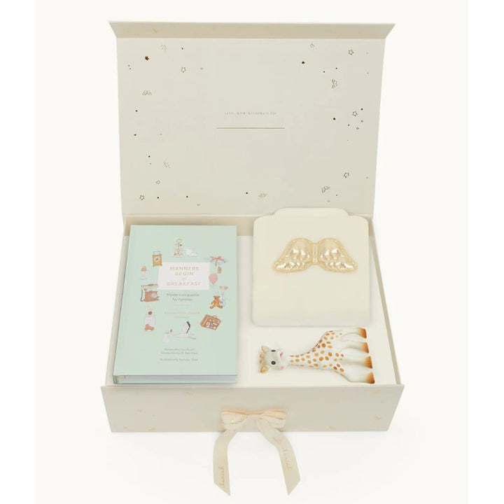 luxury baby gift box with velour sleepsuit in cream with gold angel wings, book and sophie la girafe teether toy