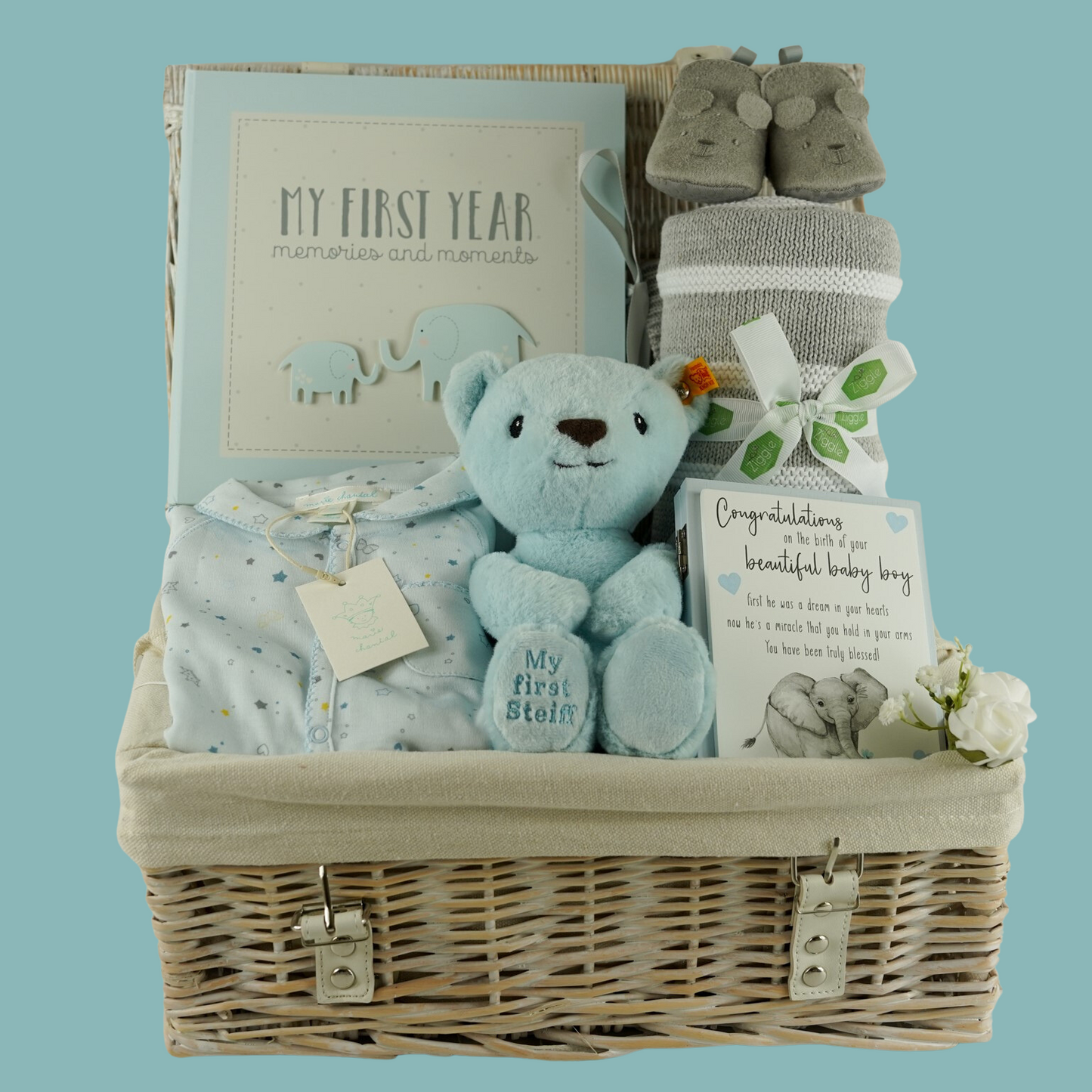 Baby Boy Gift, Luxury Baby Boy Hamper Basket, Marie Chantal Star & Crown Sleepsuit, Steiff First Teddy, Corporate Baby Hamper