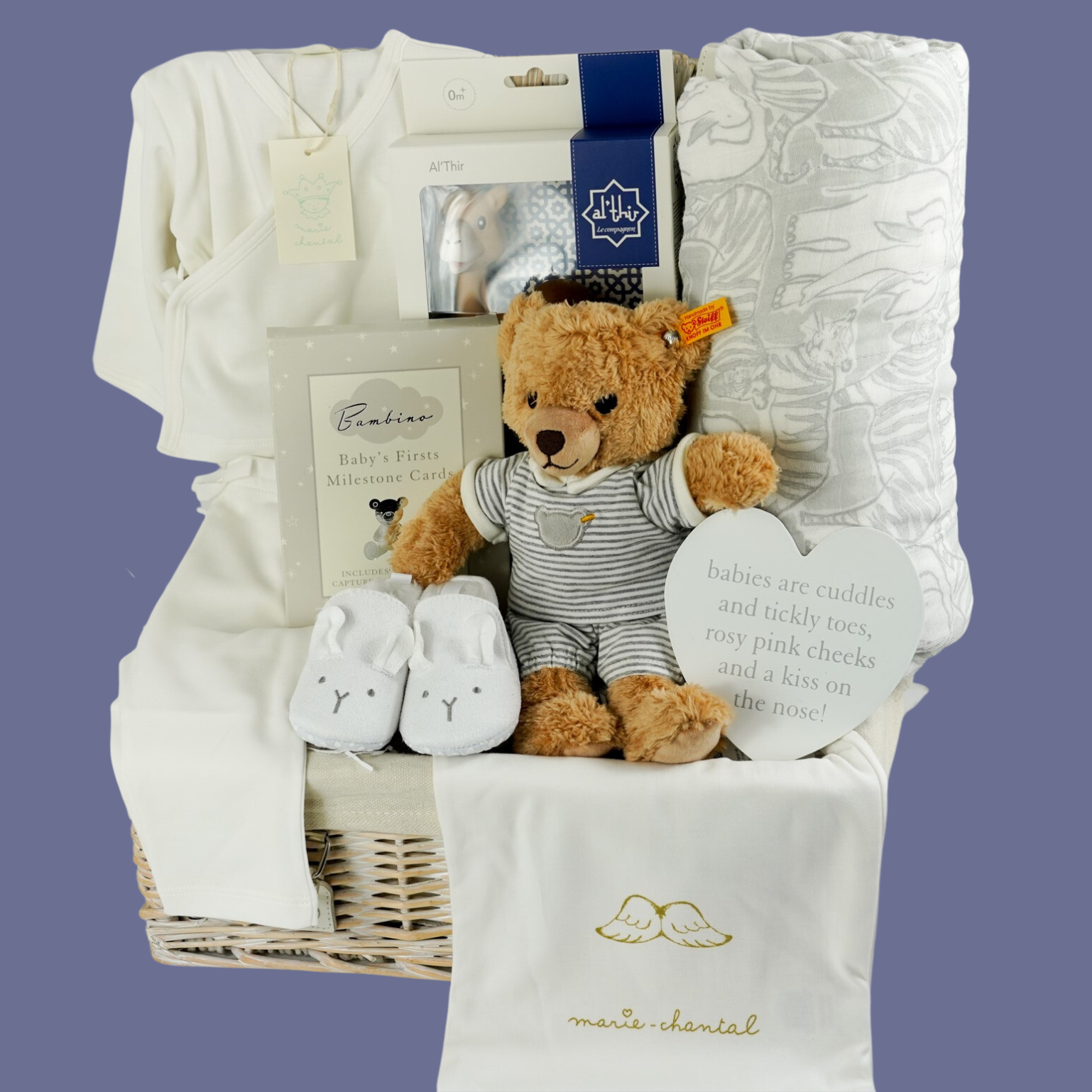 Neutral Baby Gift Hamper Basket Steiff Teddy Bear Marie Chantal Baby Neutral Baby Gift Hamper Basket Steiff Teddy Bear Marie Chantal Baby