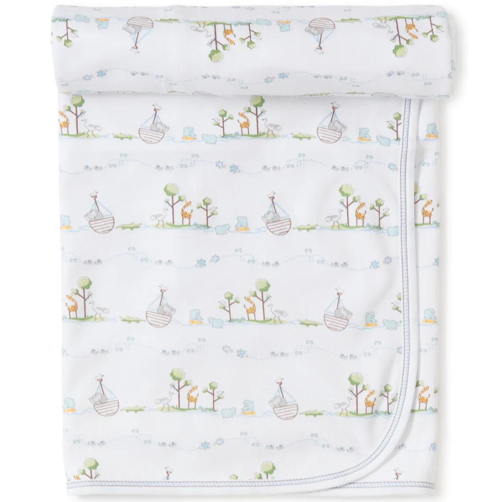 White cotton baby blanket with Blue Noah's ark and baby animals