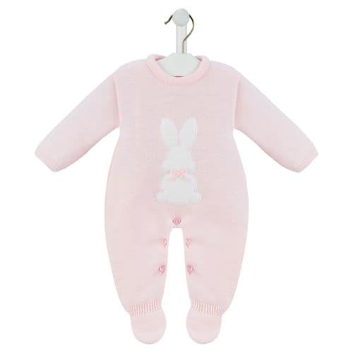 pink knit baby romper with white bunny with a bow