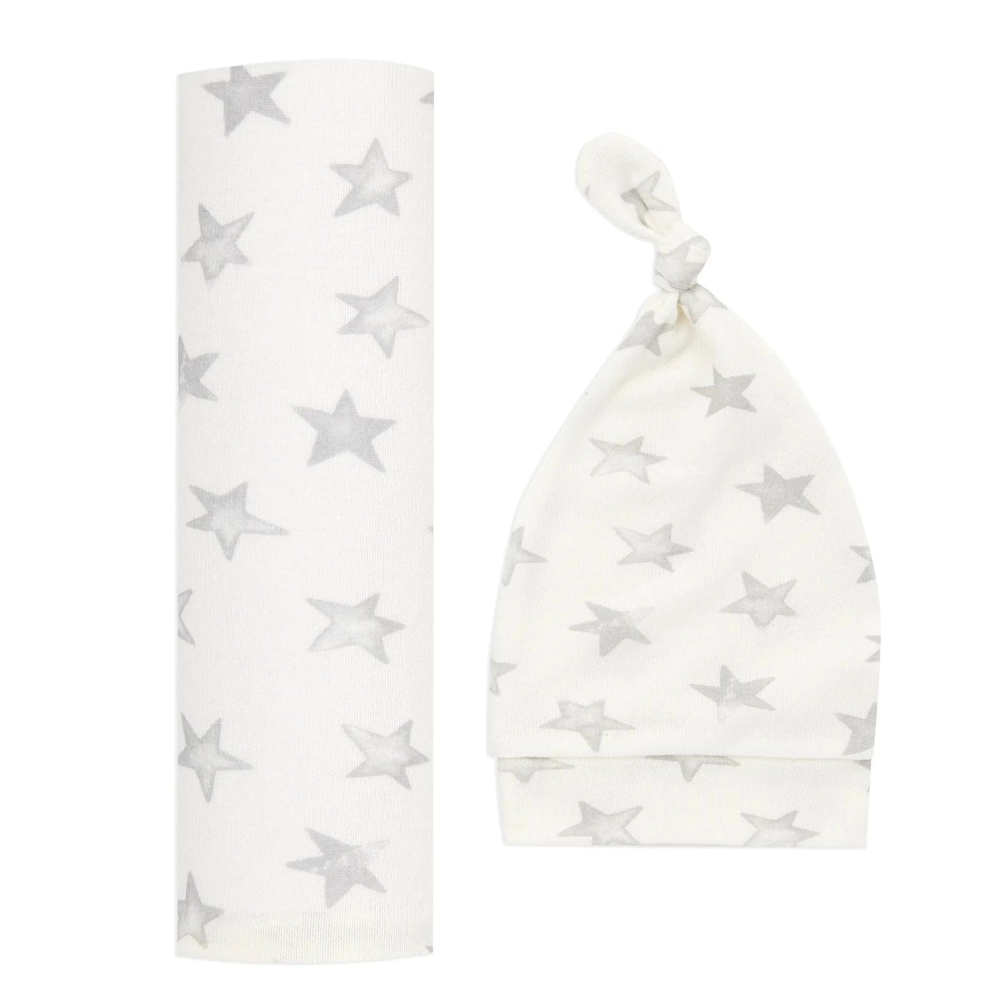 white swaddle blanket with silver stars and matching baby knot hat