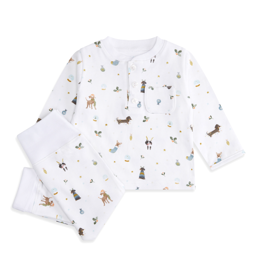 white cotton baby pyjamas with Christmas dogs