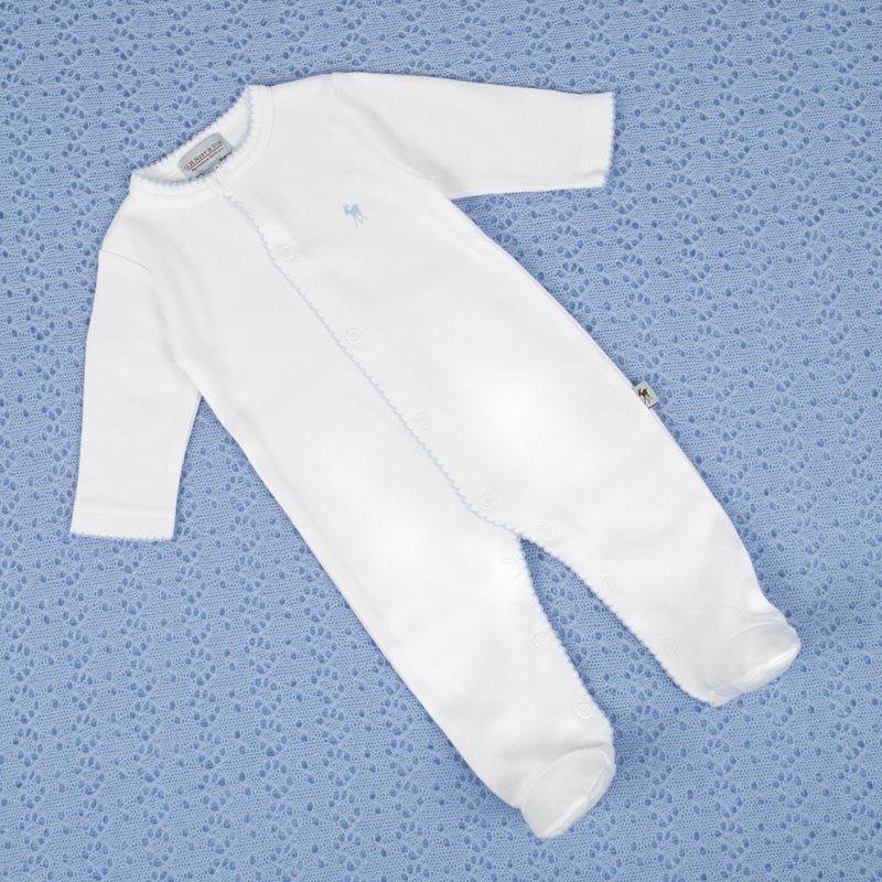 luxury baby sleepsuit in white with fawn logo and blue picot edging