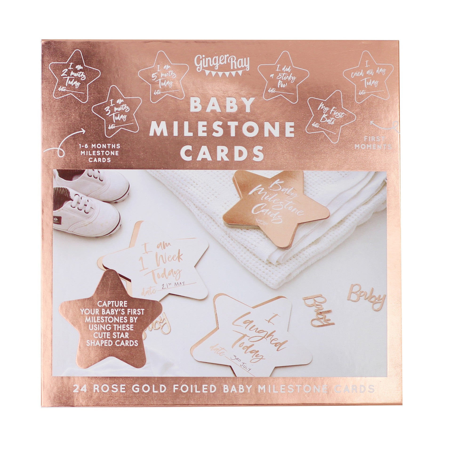 Rose gold and white star shaped baby milestone cards