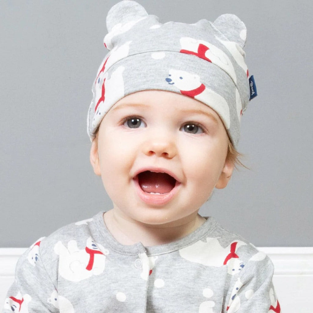 Organic baby clothing set with hat, bib, sleepsuit in grey with polar bears