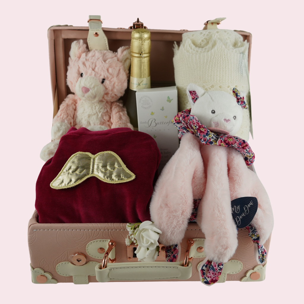 Luxury baby suitcase in pink, velour  angel wing suitcase, luxury cashmere blanket, little butterfly London mother and baby toiletries