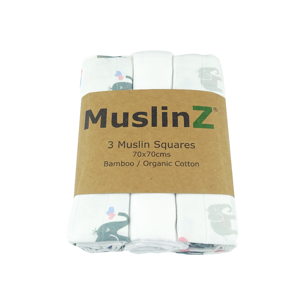 Bamboo, organic cotton 3 pack of baby muslin squares, one white and two with grey elephants and pink and blue hearts