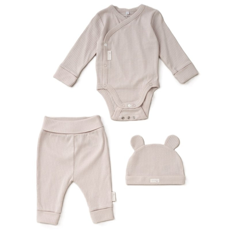 baby clothing set in beige cotton ribbed, baby bodysuit with cross over fastening and extendable gusset, ribbed  joggers with extendable waist, ribbed hat with cute ears