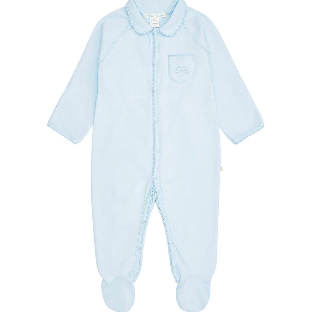 baby sleepsuit in blue with agel wings embroidered on the pocket and picot edging