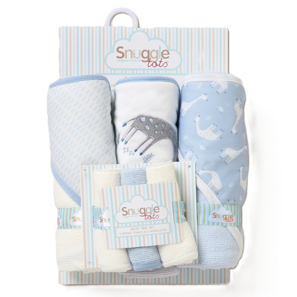 pack of three blue and white baby hooded towels with 3 blue and white baby wash cloths