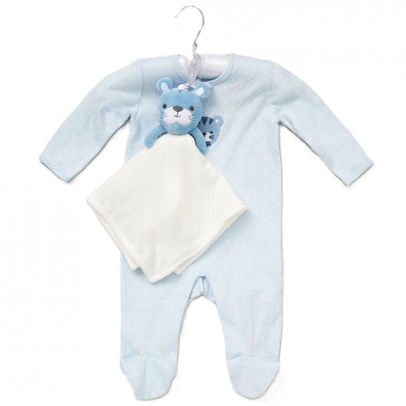 blue baby sleepsuit with crocheted tiger face and matching baby comforter