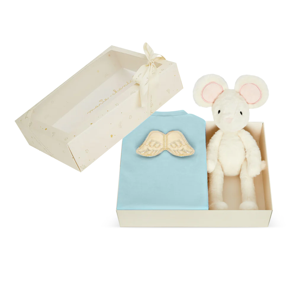 luxury baby gift set includes marie chantal dusty blue velour sleepsuit and white cuddly mouse