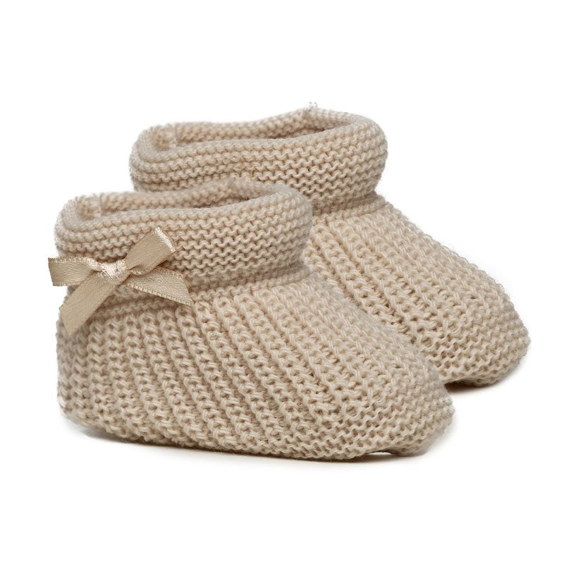 Knit baby booties with coloured side bow in biscuit
