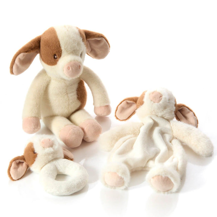 soft doudou cow comforter in white with brown ears and patches on face and pink nose