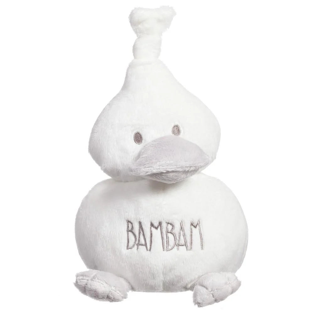 white duck soft toy rattle with grey BAMBAM embroidery