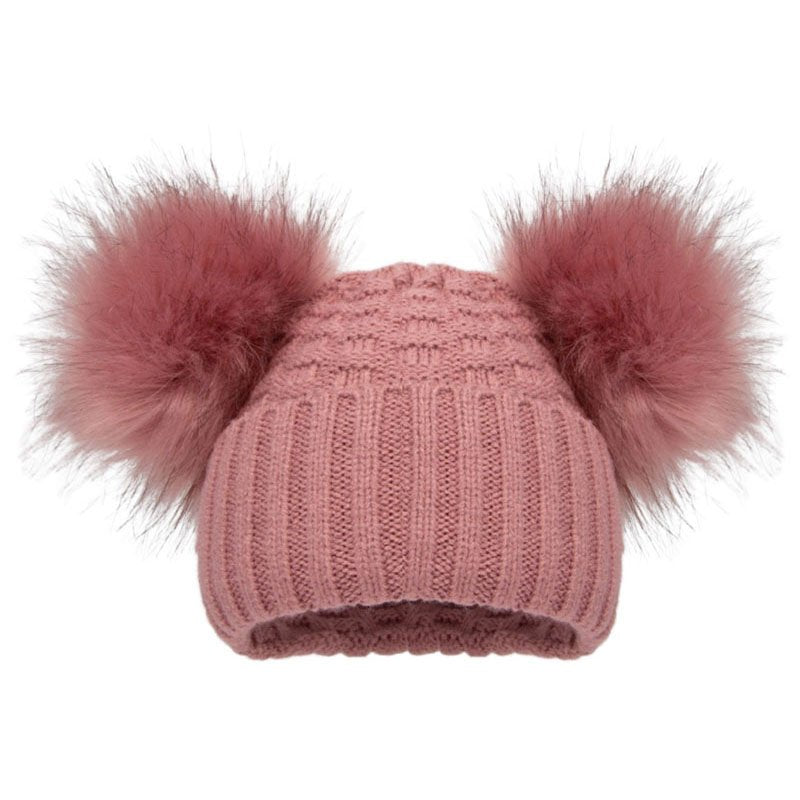 rose pink double fluffy pom pom baby hat