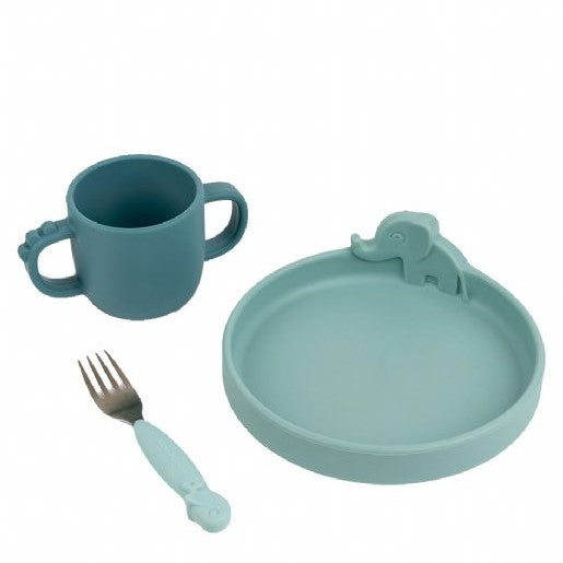 Silicone baby bowl with elephant, silicone baby mug with double handle and fork with silicone handle in blue