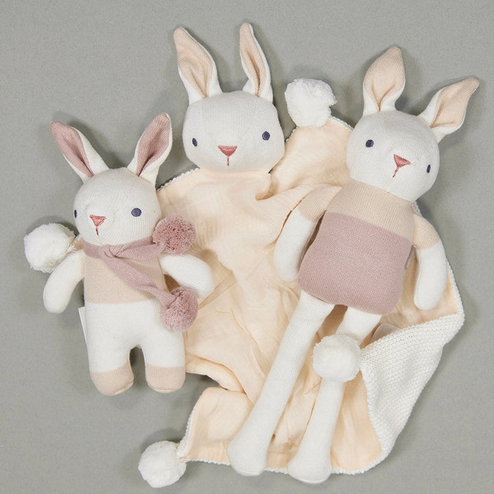 white bunny, rattle and comforter set