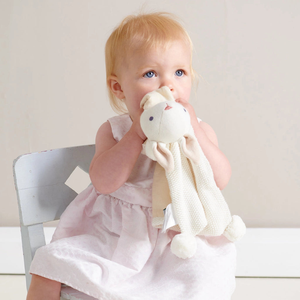 white bunny, rattle and comforter set