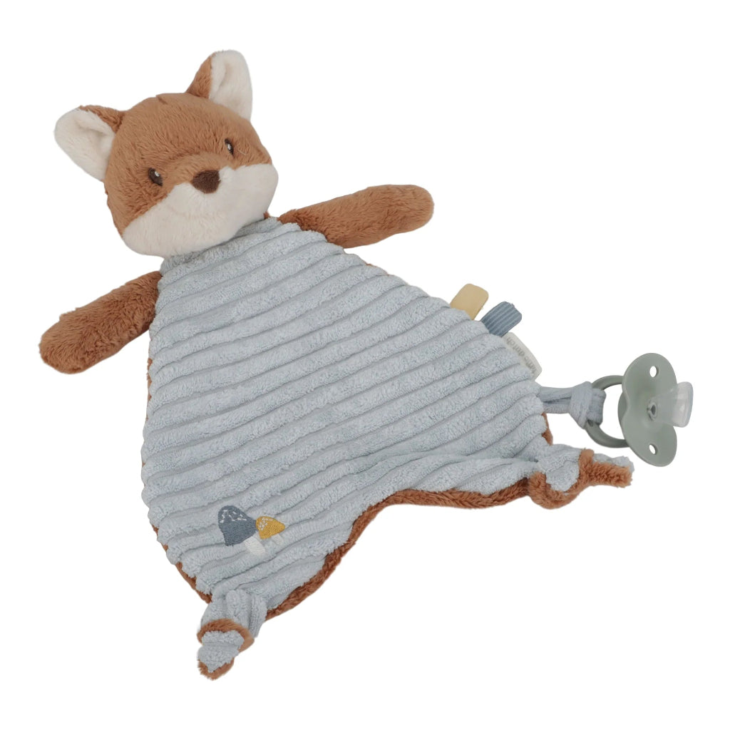 Baby comforter with fox head and blue velour body, taggies and knots
